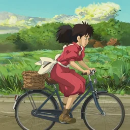 bicycle, there are two people on the bike, ride on a bicycle, lovely, by hayao miyazaki