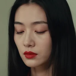 a close - up of a beautiful japanese woman with eyes closed, red lipstick on and jet black straight hair, film still from the movie directed by zhang xiaogang with art direction by zdzisław beksinski, telephoto lens, shallow depth of field