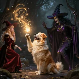 dog wizard casting a magic spell on an evil witch, majestic pose, dramatic lighting, cinematic scene