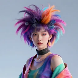 portrait of a post modern cyber fashion model with an exuberant hair style, colorful, octane render, vray, detailed, halftoned, editorial illustration, matte print, grainy light, ( ( dither ) ), risograph, high contrast, screen print, granny textured