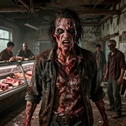 butcher angry bloody horror zombie, detailled portrait, indoors dilapidated butchery interior, atmospheric lighting, volumetric lighting, grimdark, daytime, sharp focus, deep colours, ultra intricate detailed, octane render, unreal engine, by leesha hannigan, ross tran, thierry doizon, kai carpenter, ignacio fernandez rios