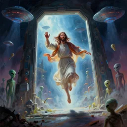 jesus looking into a portal hopping and time warping with reckless abandon, surrounded by UFO and aliens, dramatic scene, masterpiece digital painting by Greg Rutkowski, Alex Grey, artstation, 4k wallpaper