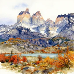 Torres del paine in autumn, highly detailed watercolor painting
