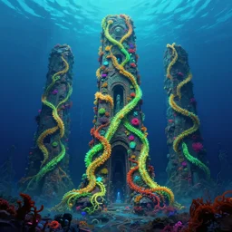 luminous algae vines cover the ruins of an alien monolithic monument to the true prophet on the bottom of the ocean, vivid colors, matte painting, 8K, concept art, mystical color scheme, trending on artstation
