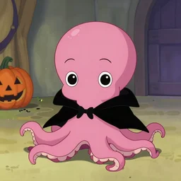 cute octopus character wearing a bat poncho for trick or treating on halloween, by stephen hillenburg, real, animation, pink, yellow