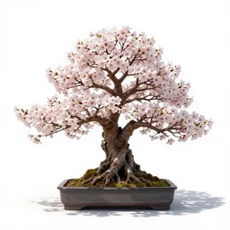 playful cherry blossom bonsai, high detail photograph, full body, isolated on a pure white background, centered, entire subject in frame, sharp focus, soft studio lighting