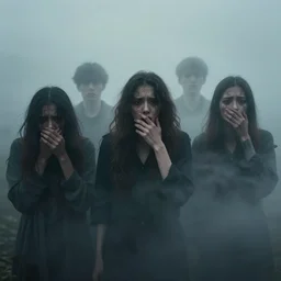photo of people being absorbed by the mist, eerie atmosphere, fear, mystery, dramatic, 8 k uhd