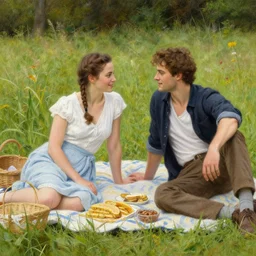 attractive bradley james and attractive colin morgan which are both guys go together to a meadow to have a picnic. highly detailed painting by gaston bussiere, craig mullins, j. c. leyendecker 8 k