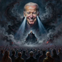 abstract painting of giant Joe Biden smiling evil emperor of the world emerging in dark clouds, Sidious, immense crowd of people, noxious, cosmic horror, evil, dangerous, trending on ArtStation, masterpiece, by Greg Rutkowski, by Ross Tran, by Fenghua Zhong, octane, lightbeam eyes, soft render, clear facial features, oil on canvas, moody lighting, cinematic, professional environment concept art