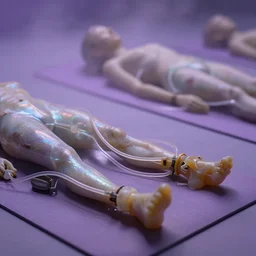 close - up of iridiscent oil slick corpses connected by transparent tubes to wax technical forms relaxing on yoga mat, faded, iridiscent gradient, purple fog, depth of field, blur, very detailed, by nadav kander and hans bellmer, 8 k, ultrarealistic, sad atmosphere, cinematic, 8 5 mm lens