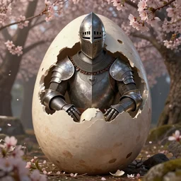 ultrarealistic, 3 d render, photographic portrait of a lifelike medieval armored knight hatching out of a giant egg, covered in eggshells, surrounded by cherry blossom, highly intricate, dramatic lighting, steel helmet, cottagecore, extremely detailed, concept art, award - winning, masterpiece, art by alex grey