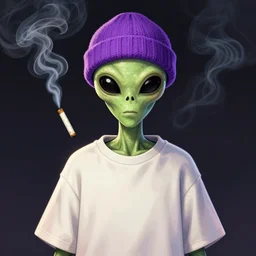 alien with a purple wool cap an oversize t-shirt smoking a joint digital art