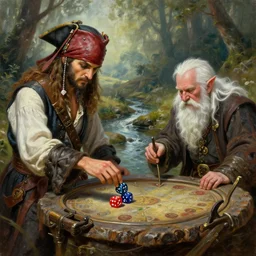 fantasy pirate halfling dice gambling with a white haired dwarf next to a shallow creek, oil painting, greg rutkowski, highly detailed, colorful, unreal engine, octane render, dramatic lighting, cinematic composition,