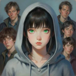 a painting of a fully dressed girl wearing a hoodie upper body with beautiful green eyes, highly detailed, digital painting, artstation, sharp focus, dreamy illustration, art by katsuhiro otomo ghost - in - the - shell, artgerm, jeremy lipkin and giuseppe dangelico pino and michael garmash and rob rey