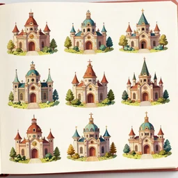 page of encyclopedia coloured clean sharp illustrations : : fantasy architecture, diagrams showing various fantasy architecture styles, insanely detailed, informative texts and graphs, style of book concept art
