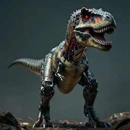 still of a cyborg T-Rex, red eyes, robotic extended arms, 4k, film grain