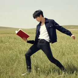 harmony grasslands, dark blue jacket & white top & black jeans, sunny mid day, amazing composition & dynamic posing of black haired seokjin reading red book, by franz xavier leyendecker, james jean, wlop! muted colors, highly detailed, fantasy art by craig mullins, thomas kinkade cfg _ scale 8