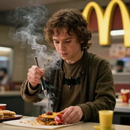 film still of frodo working at mcdonalds in the new batman movie, high detail shot, smoking, render, cgsociety, photorealism