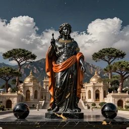 africa, coastal, mage, peace, portrait, mountain, maritime pine, oaks, trees, architectural, temples, mage, wide angle, puffy clouds, skies behind, stars in sky, stars, italian masterpiece, ashford black marble with golden veins, sculpture, baroque, draped drapes, ocher details, still life, obsidian, portrait, render, artstation, ultra detailed