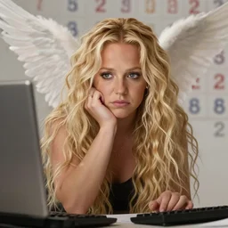 young britney spears look alike with extremely long blonde voluminous curly hair sitting at a computer, angel numbers in the background, anxious, self sabotage