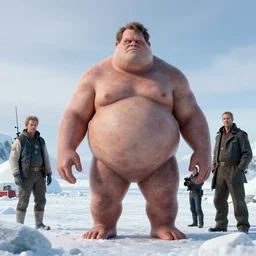 hyperrealistic rendering, fat smooth john carpenter flesh monster kurt russel by bernie wrightson and killian eng and joe fenton, product photography, realistic, antarctica, research station, cold, snow