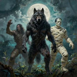 by frazetta , panoramic close up of realistic oversized werewolf , oversized  frankenstein  ,oversized  mummy, all epic poses , full body backlight ,top light ,full body portrait ,highly textured oil painting ,jungle ,cyan graveyard  with backlight from the moon ,foggy background ,with  dramatic sky ,clouds and giant oversized moon and storm