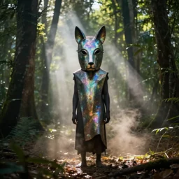 wraith pagan wearing iridescent metallic dogon tribal mask standing in a clearing in the deep forest, rays of the sun, caustics, realistic, photography, photojournalism, national geographic photoshoot, inner glow, shimmer, sparkle, smoke, dust