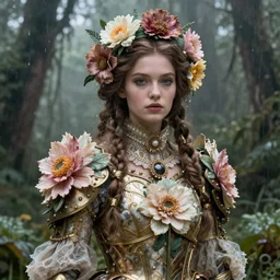 epic hyperdetailed portrait of beautiful flower armored girl in the misty rainforest. by greg rutkowski, highly detailed portrait, rococo, smooth, sharp foccus ilustration, artstation hq. intricate, elegant. art by wlop and artgerm and greg rutkowski and alphonse mucha, masterpiece..