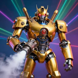 portrait photo of a giant huge golden and blue metal steampunk robot, robot handles a fog machine, fog coming out of the machine, with gears and tubes, eyes are glowing red lightbulbs, shiny crisp finish, 3 d render, 8 k, insaneley detailed, fluorescent colors, background is multicolored lasershow
