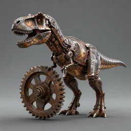 a t-rex with rusty metal gears place on its articulations, the gears match the articulation, octane render, 3D