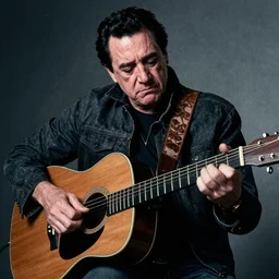 johnny cash sadly playing the guitar, fotorealistic