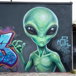 a graffiti mural depicting an alien