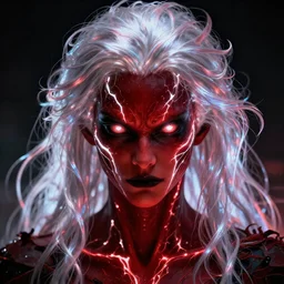 portrait of an intimidating glowing scary giant, face and skin is dark red, glowing eyes, glowing veins of white, hero, villain, concept art, centered, iridescent flowing beautiful hair