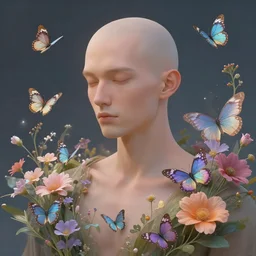 balded man, flowers, butterflies, serene, divine, magical, artstation