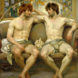 2 muscular attractive men sitting on a coach, painting by gaston bussiere, craig mullins, greg rutkowski, alphonse mucha