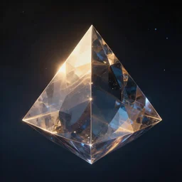 a pyramid floating in the space, volumetric light, high detail, reflections, perfect, concept art, hdr, 4 k