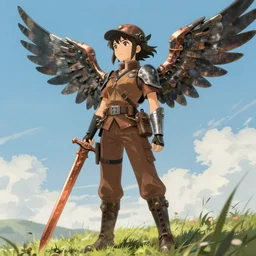 girl with metal wings and a copper sword, wearing a brown uniform, steampunk, extremely detailed, made by wlop, studio ghibli, artgerm, full body portrait, illustration, grass, sunny, sky, anime, side view, perfect anime face, detailed face,
