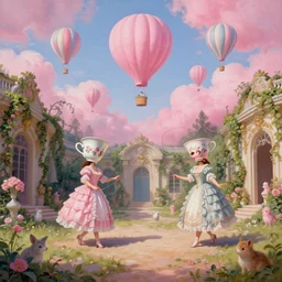 dreamy landscape, fluffy pink clouds, hot air balloons, and two women with oversized heads wearing baroque ceramic teacup dresses playing jumprope in an ornate baroque palace courtyard overgrown with vines, surrounded by cute forest animals, pop-surrealism Lowbrow art painting in the style of Mark Ryden and Jasmine Becket-Griffith