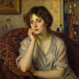 portrait in femininity, thoughtful face, warm glow, cozy room bathed in light, captured memory, recollection, impressionism, woven textiles, stucco wall, radiosity, pj crook, alphonse mucha, livia prima, artgerm, greg rutkowski, nick alm, casey baugh, deep color, oil on canvas