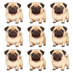 character design sheets of a cartoon pug in the calarts art style, art by tim burton, art by vivienne medrano, 2 d, colored pencils, drawing sketches, creative, unique, high quality, real life, cinematic shot