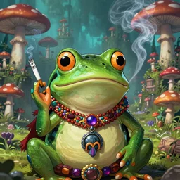 A centered chest up portrait of a psychedelic shaman-like anthropomorphic frog smoking a hand-rolled cigarette smoking heavily , magic mushroom village in background . award winning. superb resolution. in the art style of junji Ito and greg rutkowski . Detailed Mushroom city in background. Hyper realistic anime. Perfect art. Dalle2