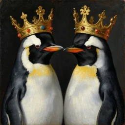 portrait of two penguins wearing crowns, oil painting by jan van eyck, northern renaissance art, oil on canvas, wet - on - wet technique, realistic, expressive emotions, intricate textures, illusionistic detail,