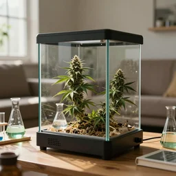 cannabis science experiment in controlled environment in someone's lounge room, caustics, glassware, natural sunlight, cinematic, octane render 8 k trending on artstation