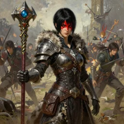 female mage with short black pixie cut, red war paint across her nose, wear fur armor on shoulders with pointed metal gloves, hold magical staff, hip pouch, battlefield with lots of fighting behind, dragon age 2, bioware, character art, art by studio bind and kyoto animation and wit studio and hyeyoung kim, fantasy, oil painting, cinematic