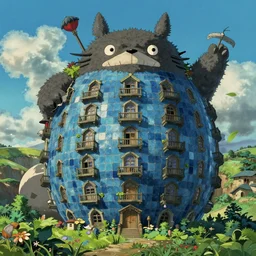A Huge Blue Tiled Apartment Building of Howl\'s Moving Castle Ghibli, by Vincent Di Fate Nausicaa, Ghibli, Breath of The Wild, epic composition, green plants