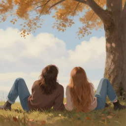 long shot pastel of young man with long brown hair and woman with long light brown hair, laying under a tree looking at clouds autumn, ( ( ( wearing jeans ) ) ), by charles sillem lidderdale.
