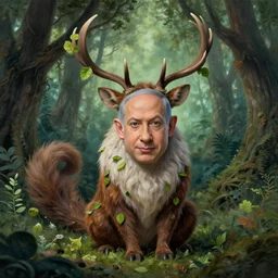 portrait of benjamin netanyahu as a magical forest critter, fur, antlers, leaves, spiraling branches, by brian froud