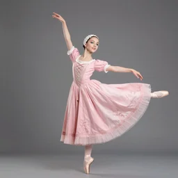 pink medieval gown, white lace headband, beautiful ballerina girl in ballet pose, fantasy, han so - hee, friendly, pure, perfect face, blue eyes, highly detailed, masterpiece, artstation, art by degas and emika lightweaver and antoine collignon and akihiko yoshida
