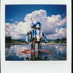 analog polaroid photograph of a chrome android, standing in a pool of blood, azure sky, big clouds visible, sunlight, reflection, sparkles, lensflare, film grain, depth of field, color bleed