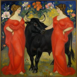 highly detailed painting of gemini goddesses wearing red celestial gowns, black bull standing in front, framed with flowers by tamara de lempicka
